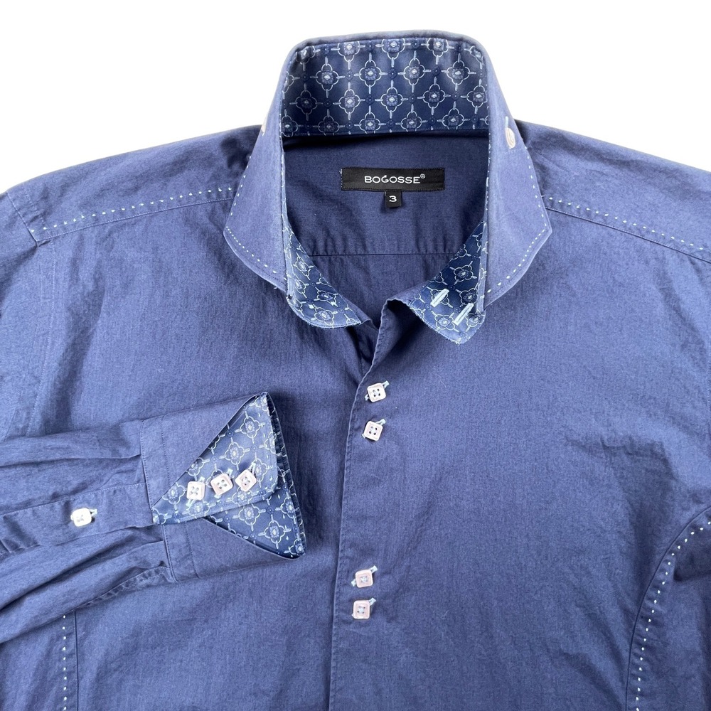 Bogosse Men's Designer Button Down Shirt | Size 3 (Medium) |‎ Navy Blue Contrast